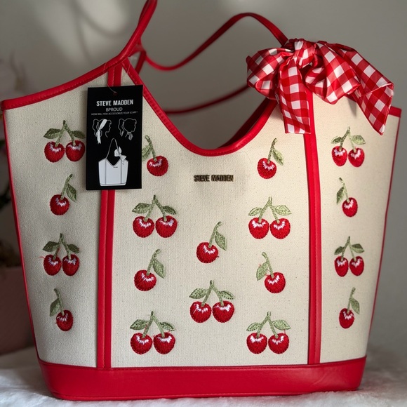 Steve Madden Handbags - Steve Madden Cherry Red Gingham Scarf Bow Cream denim Tote Bag satchel Purse